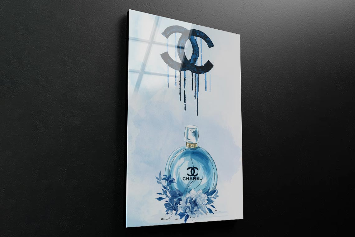 Luxury Blue Colored Perfume with Flowers 3D Design Acrylic Glass Print Tempered Glass Wall Art 100% Made in Australia Ready to Hang