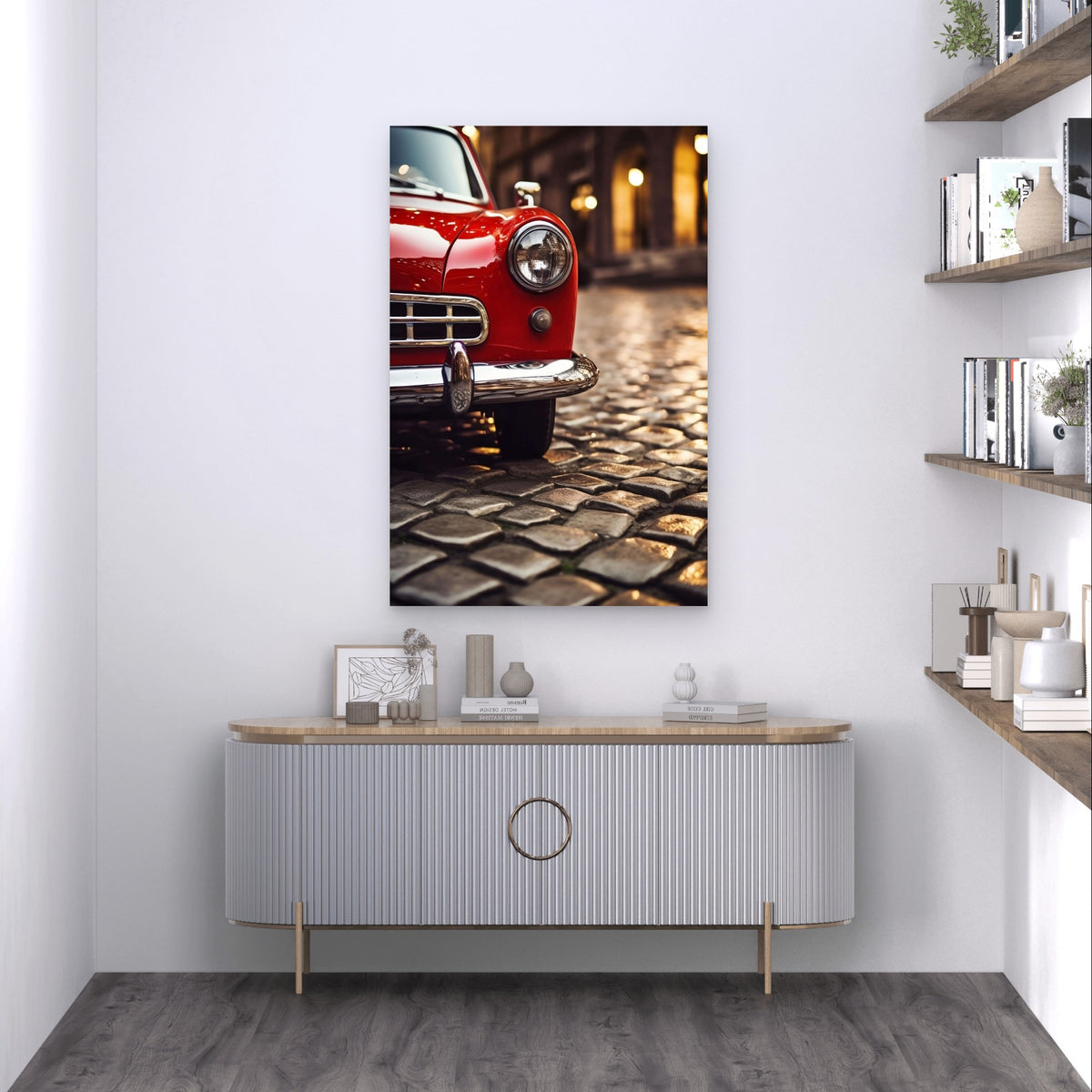 Classic Red Vintage Car Cobblestone Street 40x60cm Metal Print Ready to Hang