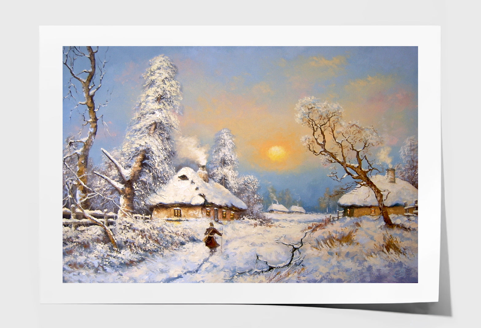 Winter in Village & Trees Sunset Sky Oil Painting Wall Art Limited Edition High Quality Print Unframed Roll Canvas None