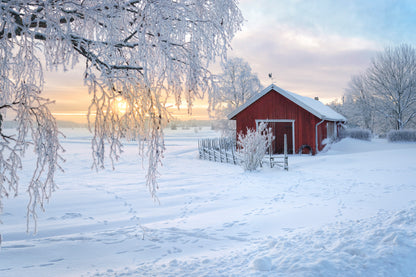 Winter View Of a Red Barn at Sunset in Rusko, Finland Wall Art Decor 100% Australian Made