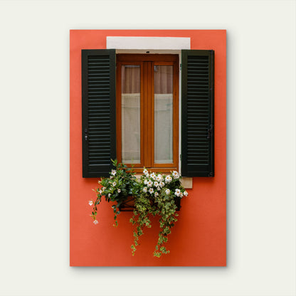 Red Wall Window Flower Box 40x60cm Metal Print Ready to Hang - Bella Home Decor