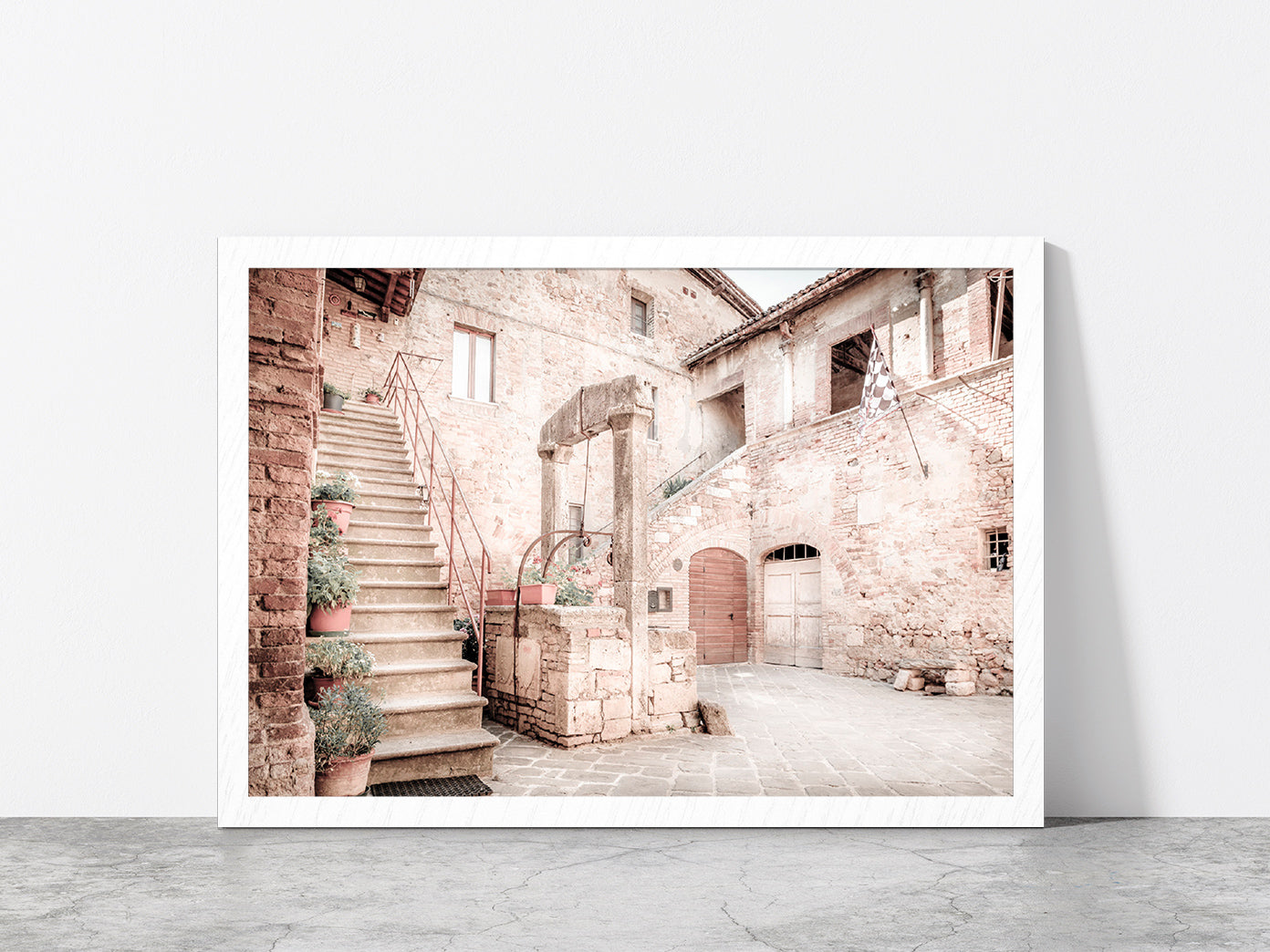 Antique Well San Quirico D'orcia Town Faded View Glass Framed Wall Art, Ready to Hang Quality Print Without White Border White