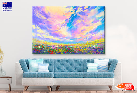 Colorful Flowers In Field Under Beautiful Clouds Oil Painting Wall Art Limited Edition High Quality Print