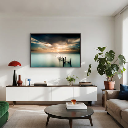 An abandoned wooden jetty sits at sunset in Pasir Panjang, Port Dickson, Malaysia  Wall Art Decor 100% Australian Made