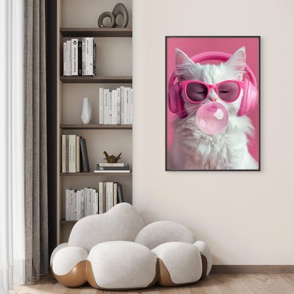 Adorable White Kitty Blowing Pink Bubble Gum Art Fashion Home Decor Premium Quality Poster Print Choose Your Sizes