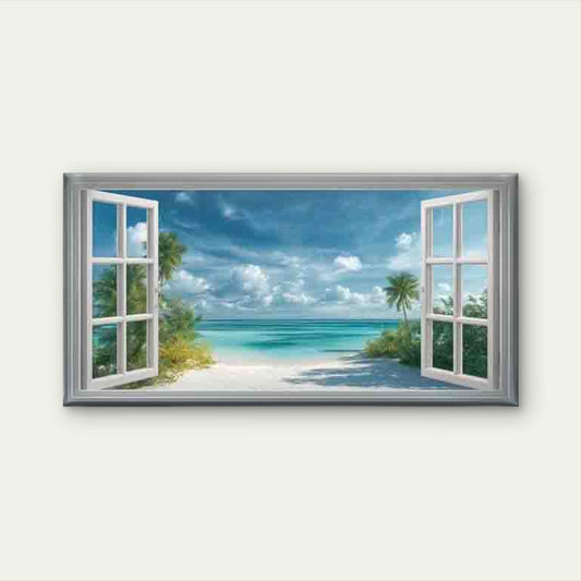 Beach View Through Open Window Wall Art Canvas Office Home Room Framed 120x60cm