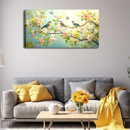 Colorful Birds on a Branch White Wall Art Canvas Office Home Room Framed 120x60cm - Bella Home Decor
