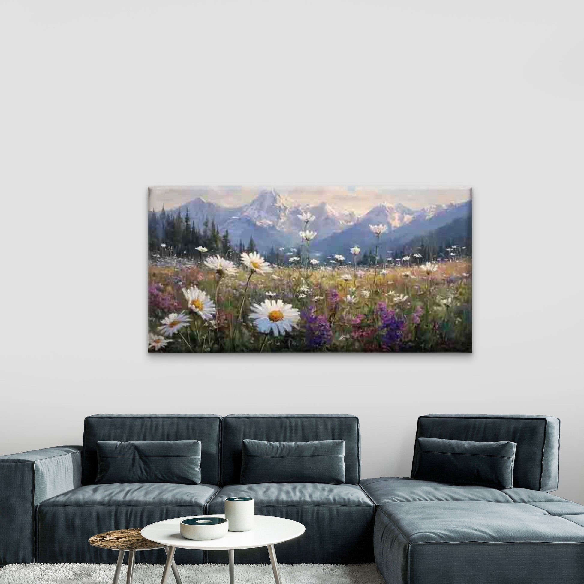 Daisies Against a Mountain Back Wall Art Canvas Office Home Room Framed 120x60cm - Bella Home Decor
