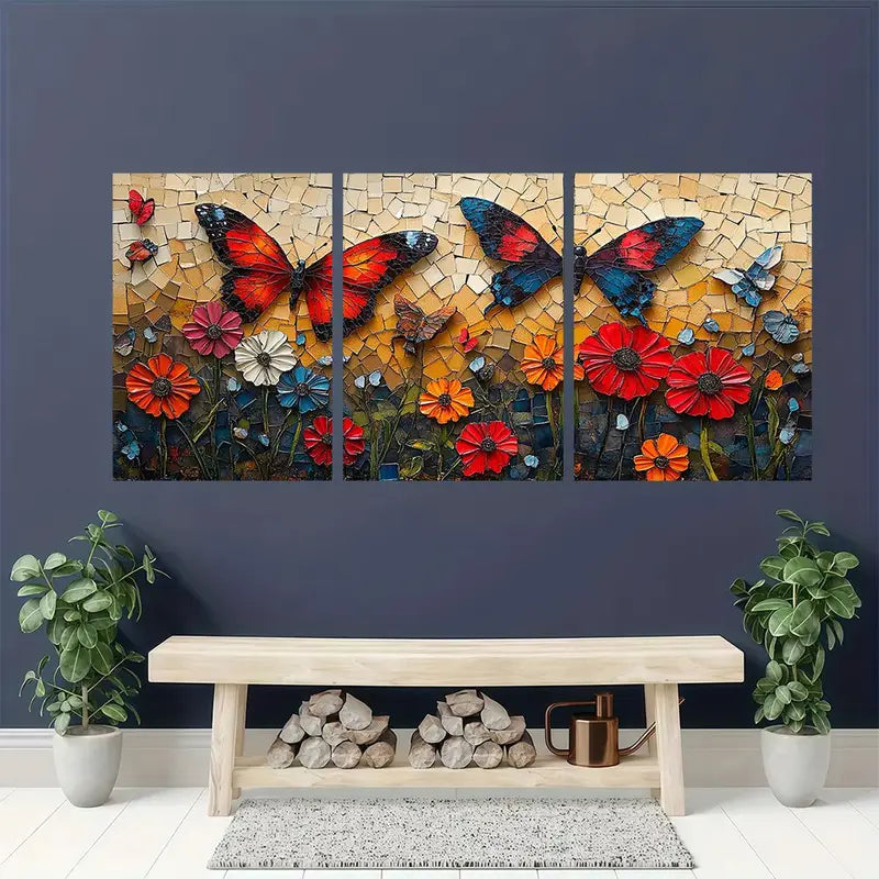 3pcs Butterflies & Flowers- Whimsical Canvas Metal Print Ready to Hang Art - Bella Home Decor