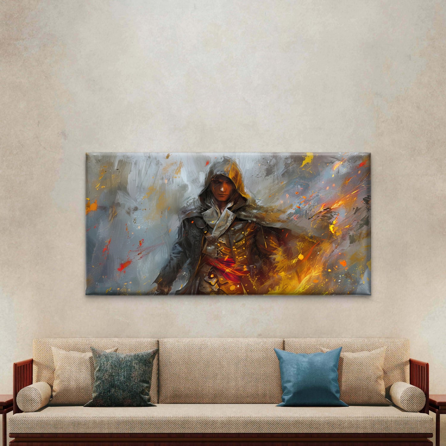 The Pirate Assassin In Fire Wall Art Canvas Office Home Room Framed 120x60cm