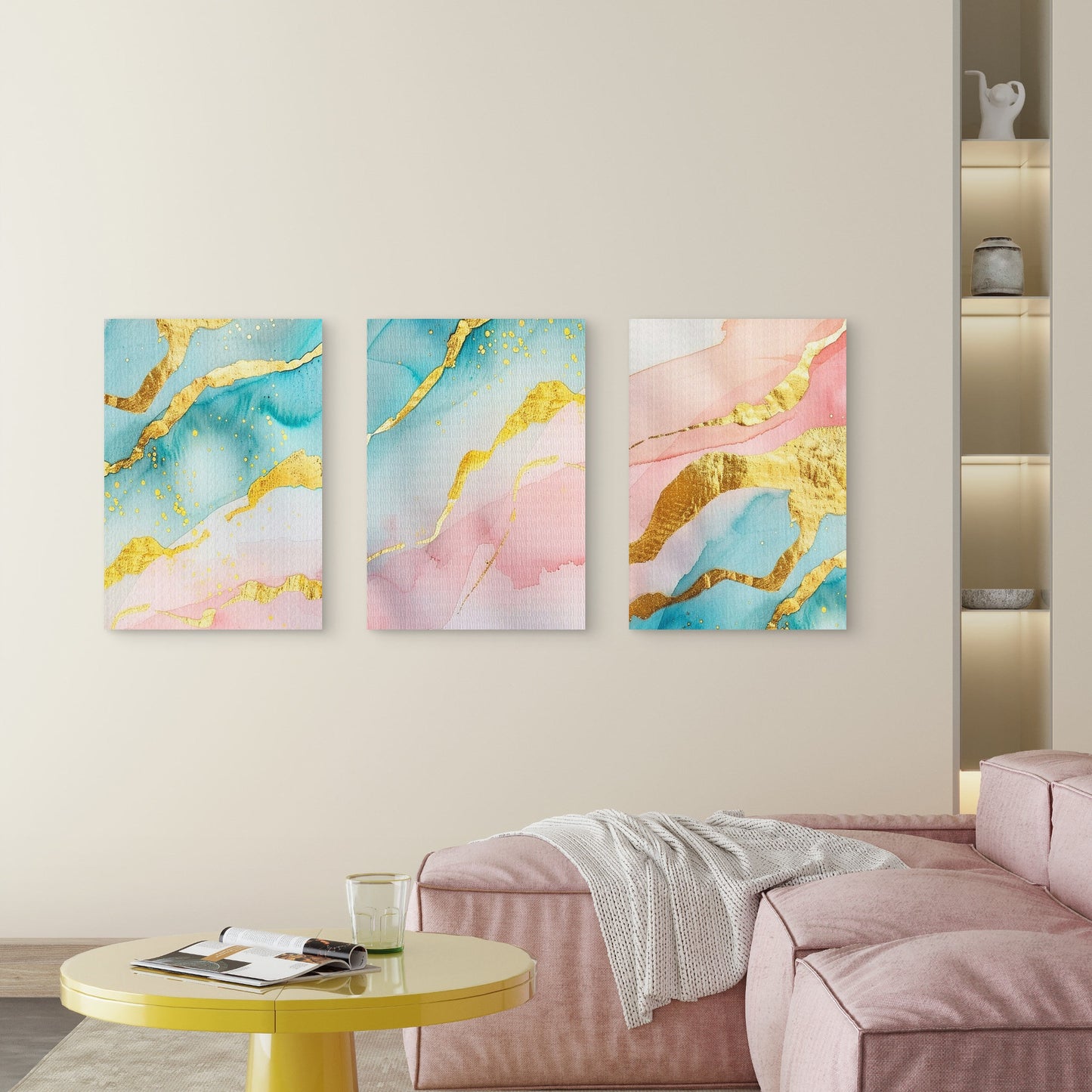 3pcs Pastel Pink Teal and Gold Foil Abstract Watercolor Wall Art Set Canvas Framed 40x60cm - High Quality Print 100% Australian Made Wall Canvas Ready to Hang