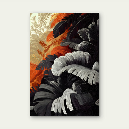 Monochrome Tropical Leaves with Orange Accents 40x60cm Metal Print Ready to Hang