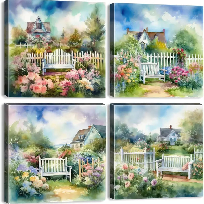 4pcs Country Villa Garden Fence Wall Art Canvas Framed