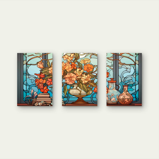 3pcs Stained Glass Floral Vase Blue Window Metal Print Ready to Hang Art