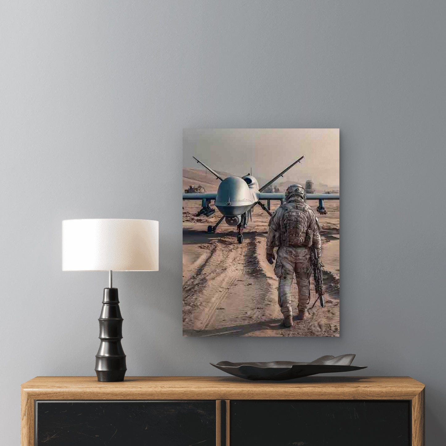 Detailed Drone & Soldier Scene Metal Print Ready to Hang