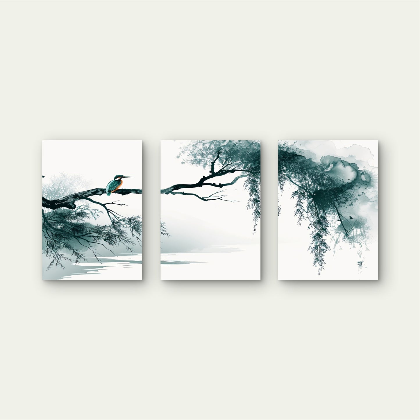 3pcs Kingfisher Bird Japanese Ink Wash Wall Art Set Canvas Framed 50x70cm - High Quality Print 100% Australian Made Wall Canvas Ready to Hang - Bella Home Decor