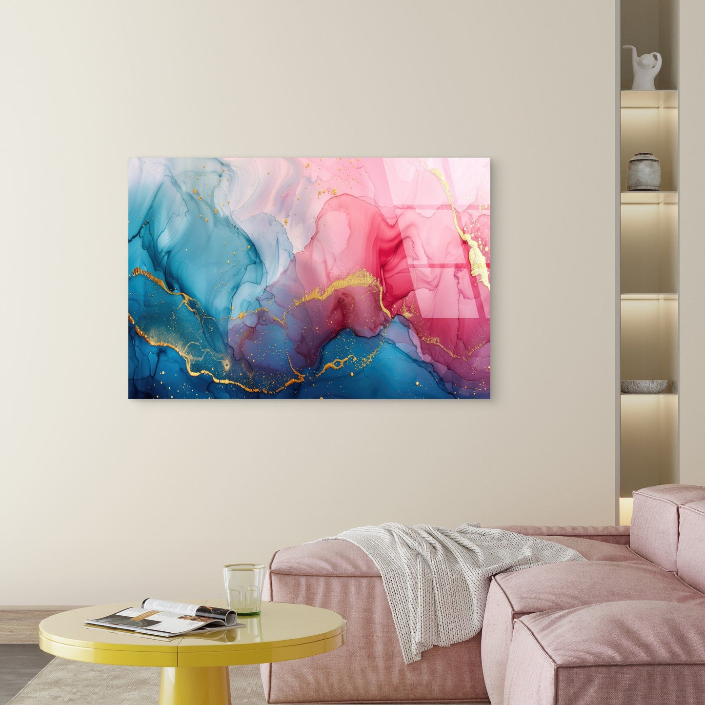 Abstract Pink Navy Blue Gold Alcohol Glass Printing Wall Art Australian Made