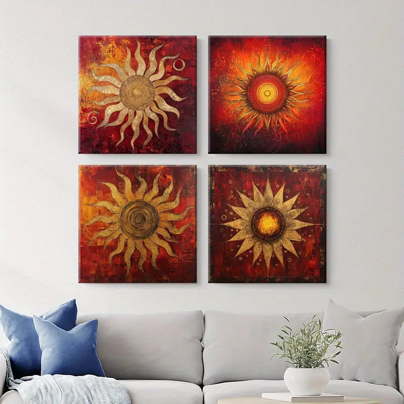4pcs Sun Pattern Floral Art Deco Style   Wall Art Canvas Framed