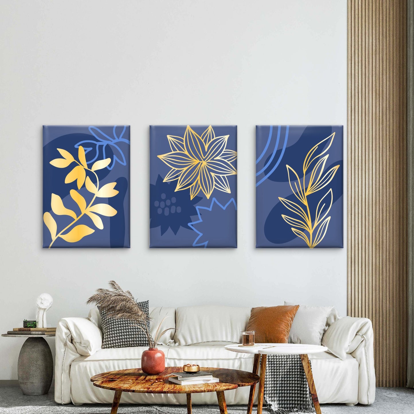 3pcs Abstract Botanical Floral Navy Gold    Wall Art Set Canvas Framed 50x70cm - High Quality Print 100% Australian Made Wall Canvas Ready to Hang
