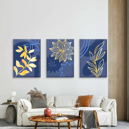 3pcs Abstract Botanical Floral Navy Gold    Wall Art Set Canvas Framed 50x70cm - High Quality Print 100% Australian Made Wall Canvas Ready to Hang