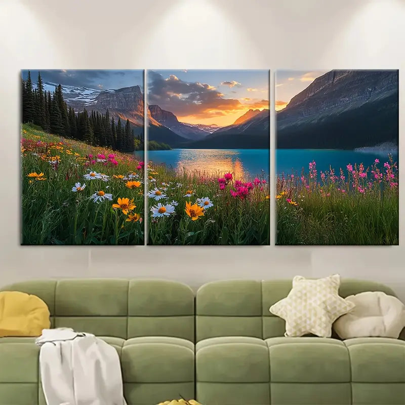 3pcs Mountain Sunset with Wildflowers Wall Art Set Canvas Framed 60x90cm - High Quality Print 100% Australian Made Wall Canvas Ready to Hang