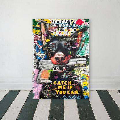 Graffiti Doberman Gripping Weapon 40x60cm Metal Print Ready to Hang - Bella Home Decor
