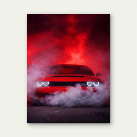 Featuring a Red Car with Smoke 40x60cm Metal Print Ready to Hang