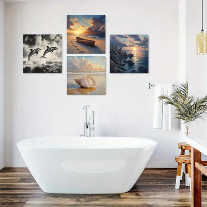 4pcs Ocean Poster, Black And White Wall Art Canvas Framed