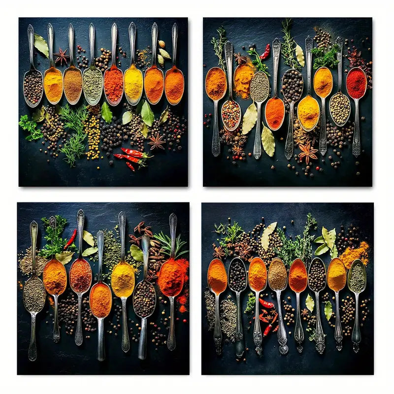 4pcs Herbs And Spices Theme Wall Art Canvas Framed