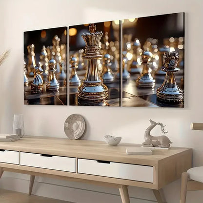 3pcs Golden Light Luxury Chess King Close-Up Art Wall Art Canvas Unframed - High Quality Print 100% Australian Made Wall Canvas - Bella Home Decor