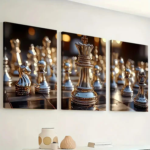 3pcs Golden Light Luxury Chess King Close-Up Art Wall Art Canvas Unframed - High Quality Print 100% Australian Made Wall Canvas - Bella Home Decor
