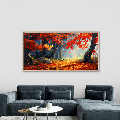 Vibrant Autumn Forest Scene Wall Art Canvas Office Home Room Framed 120x60cm