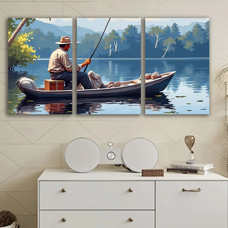3pcs Fisherman Boat Scene Art Deco Wall Art Set Canvas Framed 50x70cm - High Quality Print 100% Australian Made Wall Canvas Ready to Hang
