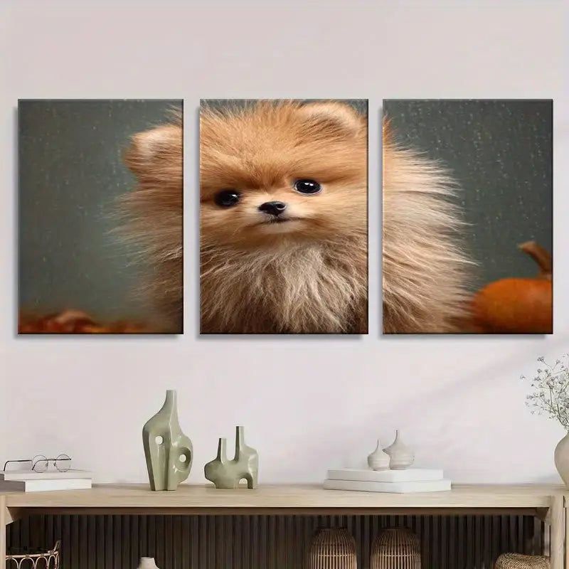 3pcs Cute Pomeranian Puppy With Fluffy Fur Metal Print Ready to Hang Art - Bella Home Decor