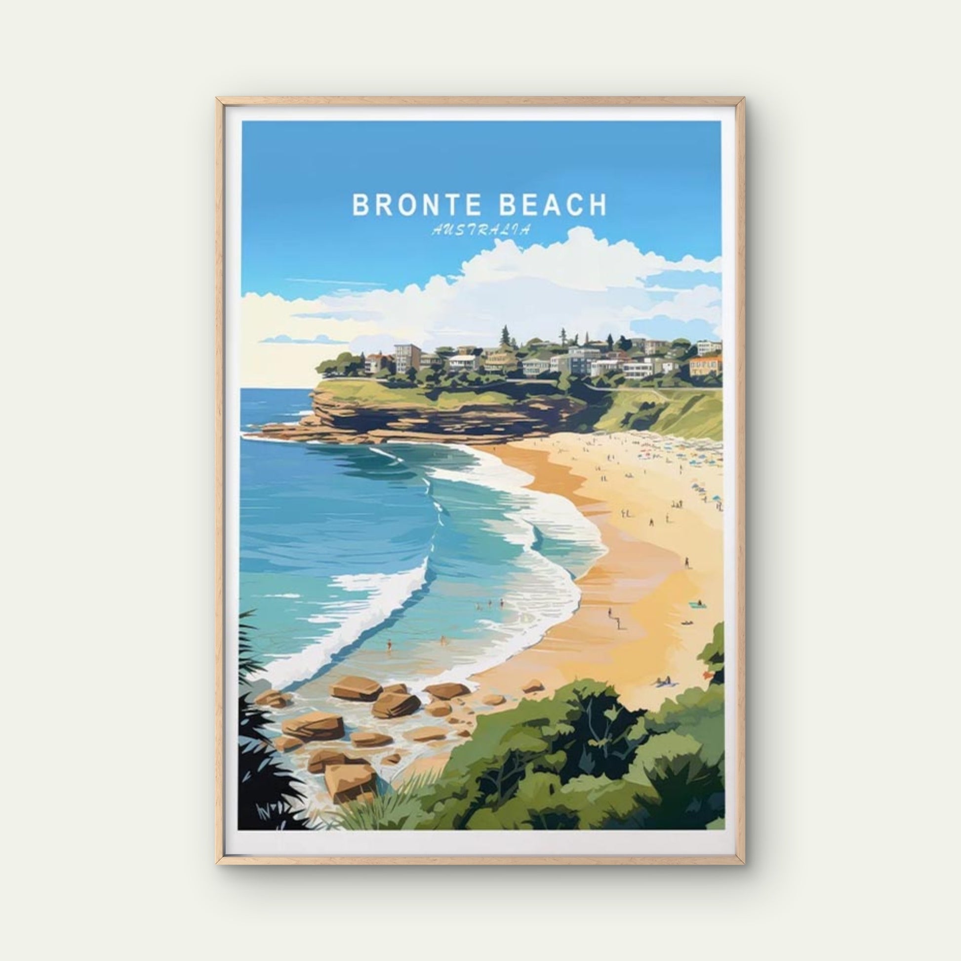Bronte Beach Australia, Trees & Houses Travel Poster Print Wall Art - Bella Home Decor
