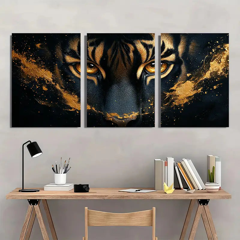 3pcs Black & Golden Tiger Metal Print Ready to Hang Art - Bella Home Decor