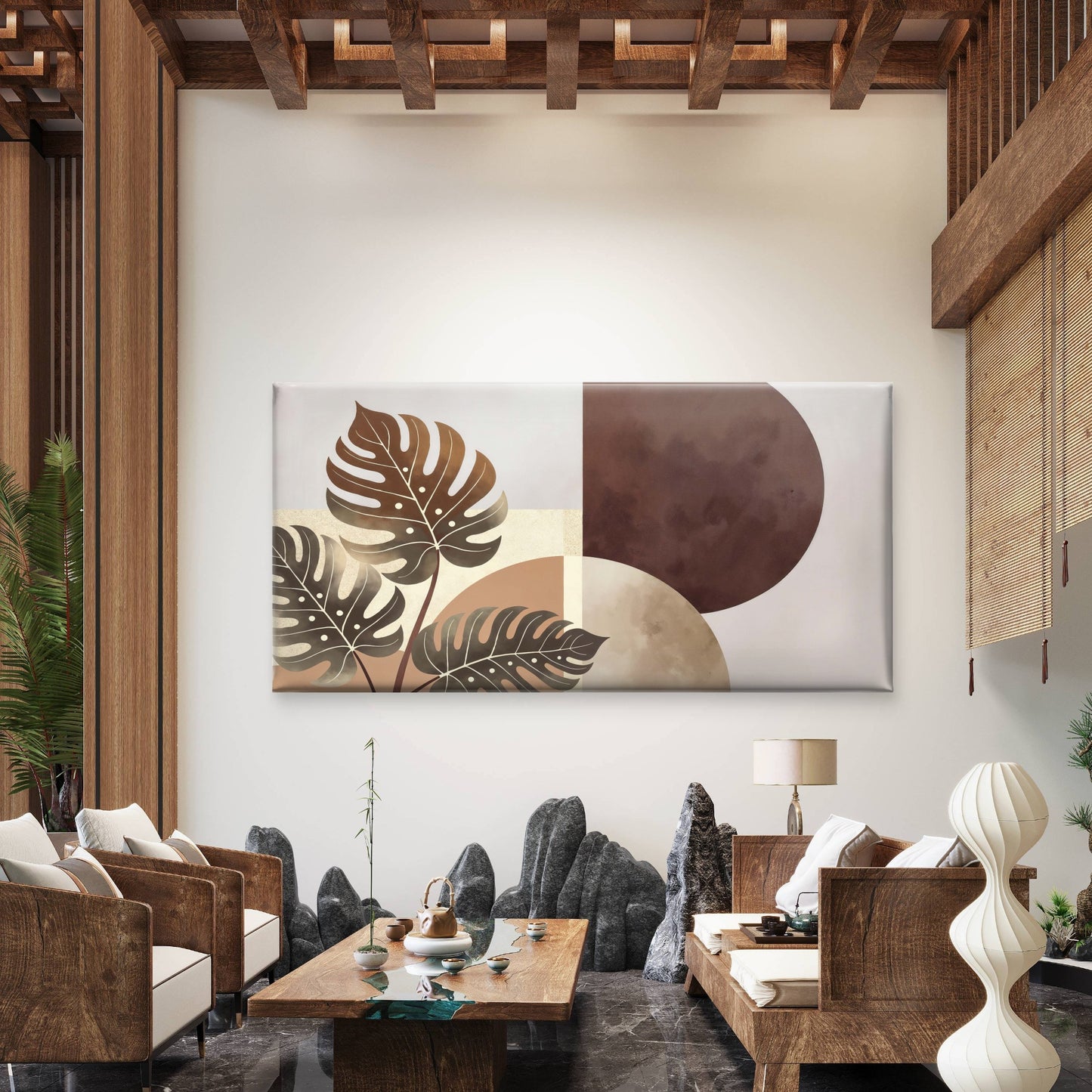 Terracotta Sun Monstera Leaves Wall Art Canvas Office Home Room Framed 120x60cm - Bella Home Decor
