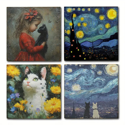 4pcs Cute Cat Decoration Orange Cat With Girl Wall Art Canvas Framed