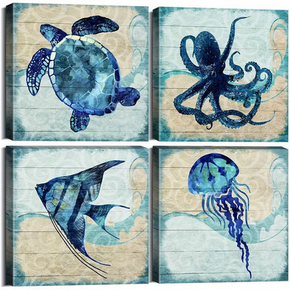 4pcs Fish, Sea Turtle, Jellyfish, Octopus Wall Art Canvas Framed