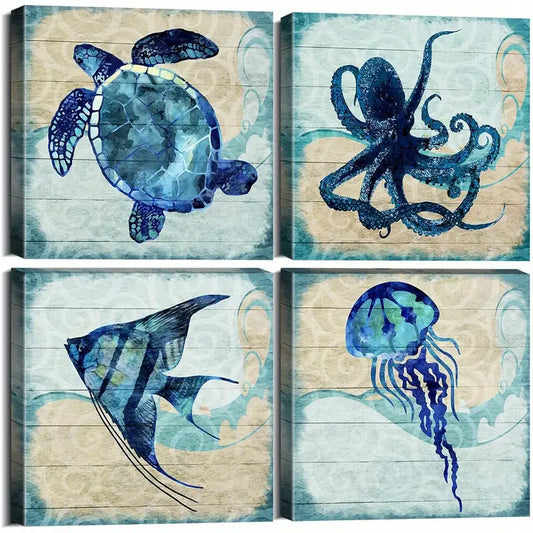 4pcs Fish, Sea Turtle, Jellyfish, Octopus Wall Art Canvas Framed