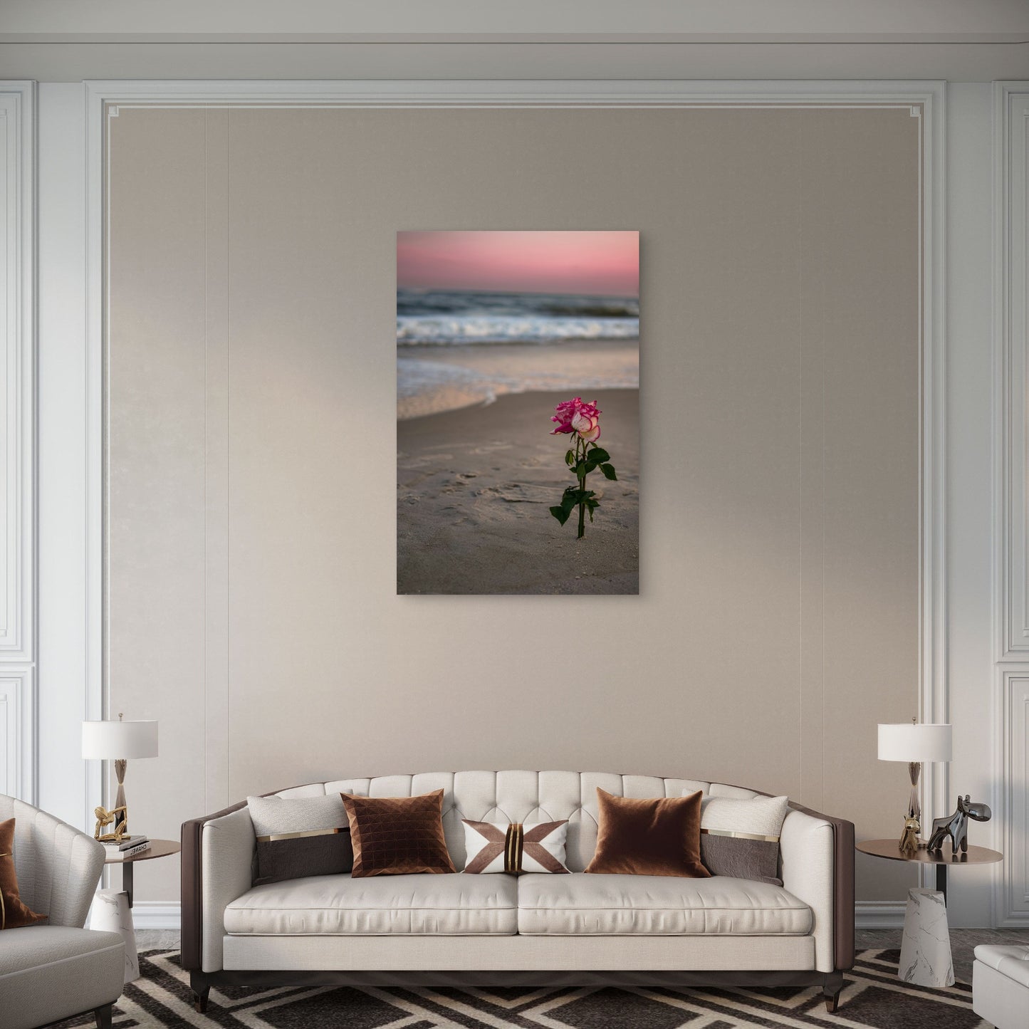 Pink And White Rose In The Sand At The Beach 40x60cm Metal Print Ready to Hang