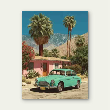 Retro Green Car Pink House Palm Trees Metal Print Ready to Hang