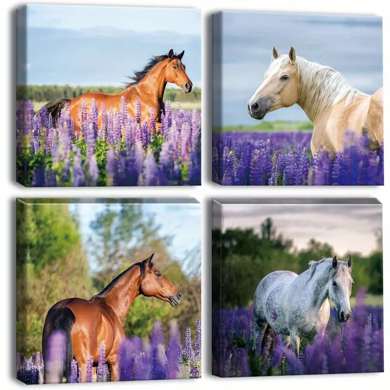 4pcs Elegant Purple Lavender & Horse Wall Art Canvas Framed