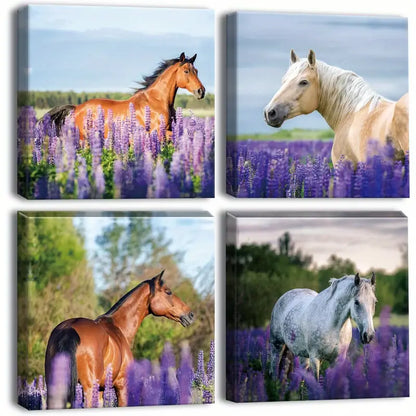 4pcs Elegant Purple Lavender & Horse Wall Art Canvas Framed