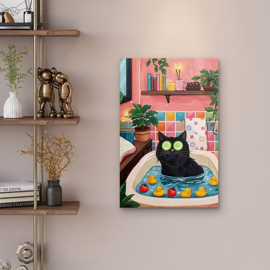 Black Cat with Cucumber in Bathtub Metal Print Ready to Hang