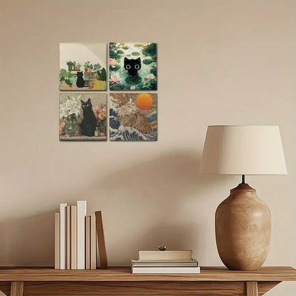 4pcs Adorable Orange Cat Room Decoration Wall Art Canvas Framed