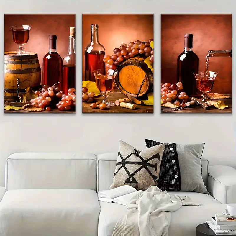 3pcs Wine Glass Barrel Metal Print Ready to Hang Art