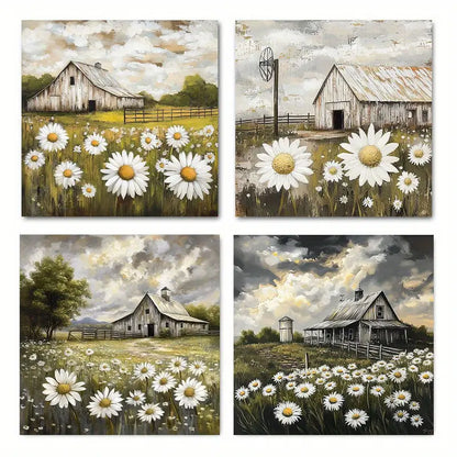 4pcs Windmill & Barnhouse Scenes, Wall Art Canvas Framed