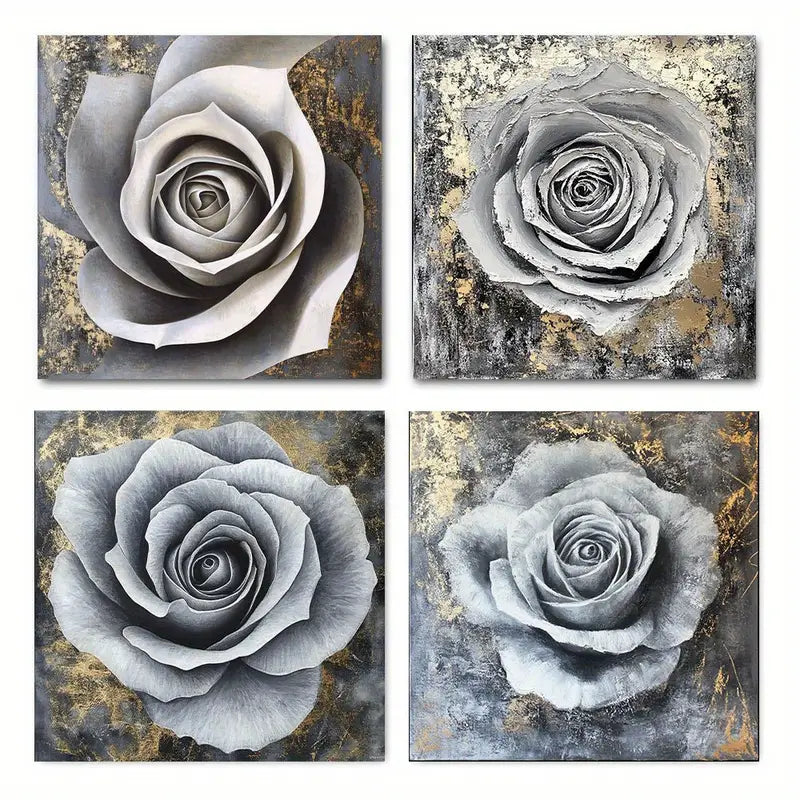 4pcs  Romantic Rose & Golden Accent  RG Wall Art Canvas Framed