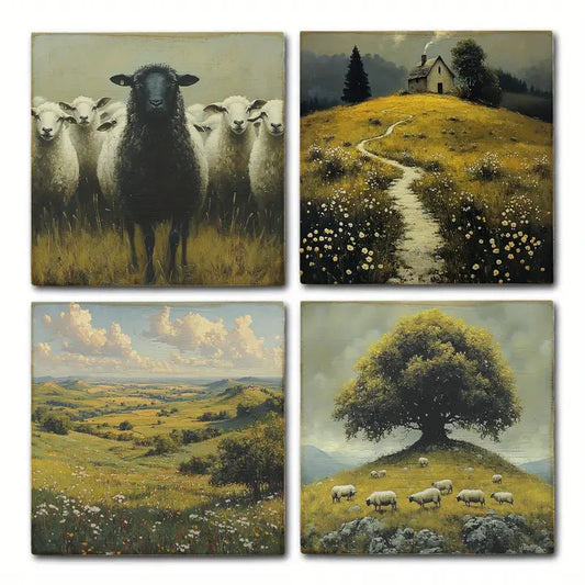 4pcs Green Meadow With Sheeps  Wall Art Canvas Framed
